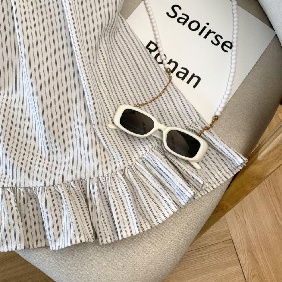 木耳邊擺掛脖蝴蝶結綁帶無袖條紋襯衫-HaloBless