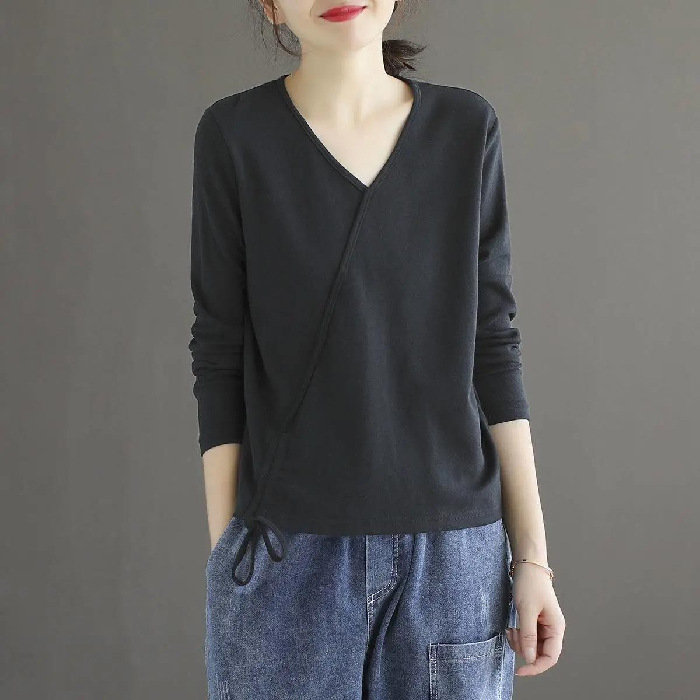 純棉V領休閑百搭抽繩大碼打底衫長袖t恤-HaloBless