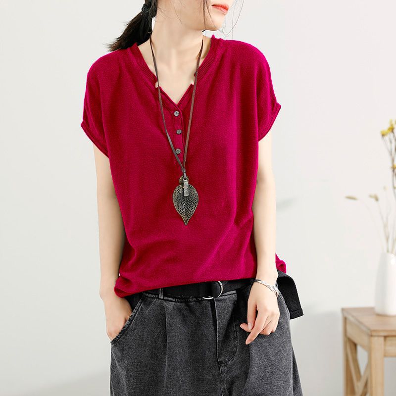 冰絲針織V領韓版套頭薄款打底寬鬆短袖