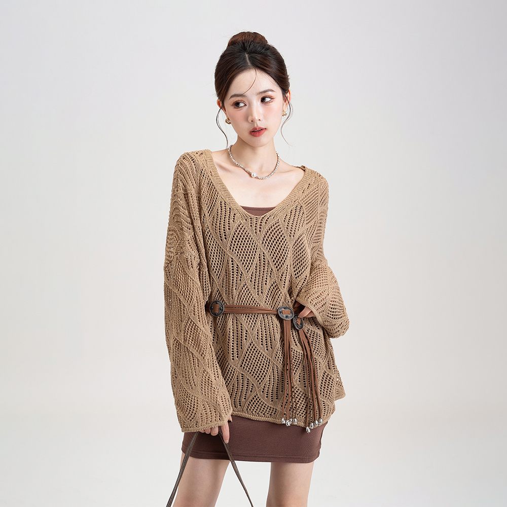 鏤空設計感純色菱形格慵懶風長袖針織罩衫-HaloBless