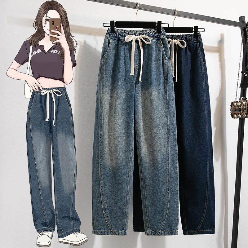 高腰寬鬆百搭大碼鬆緊腰哈倫牛仔褲-HaloBless