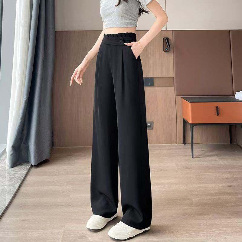 復古鬆弛感百搭高腰直筒垂感休閒闊腿褲-HaloBless