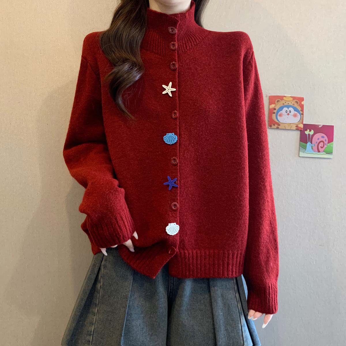 慵懶休閒高領大碼顯瘦減齡海星扣針織開衫