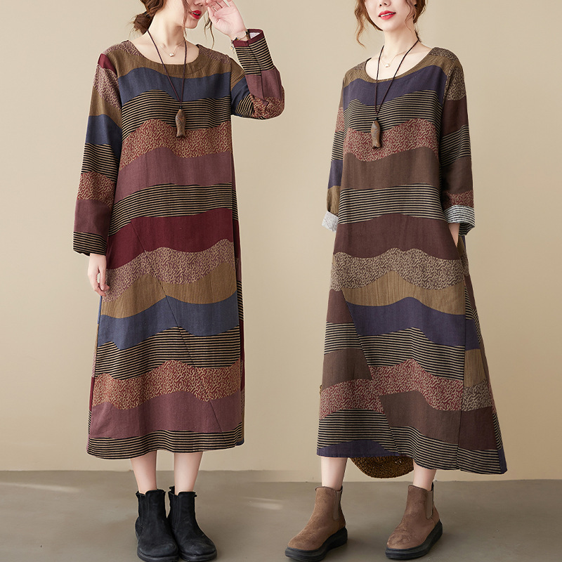 文藝洋氣復古亞麻條紋拼接棉麻洋裝-HaloBless