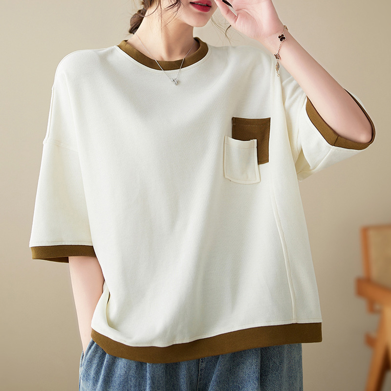 日韓寬鬆顯瘦設計感貼袋文藝撞色圓領中袖T恤