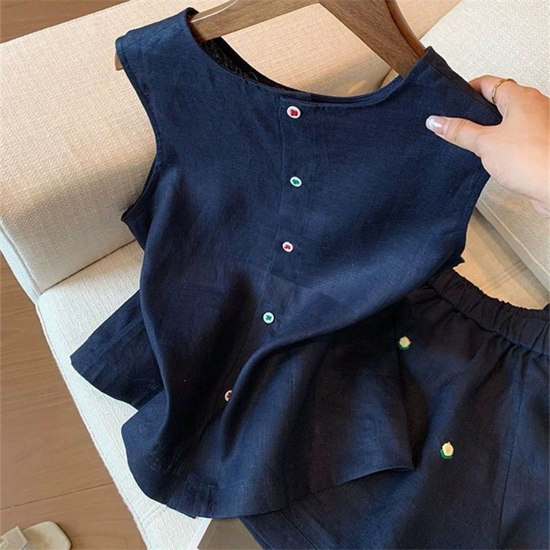 【套裝】設計感重工刺繡棉麻無袖背心寬鬆短褲兩件套裝