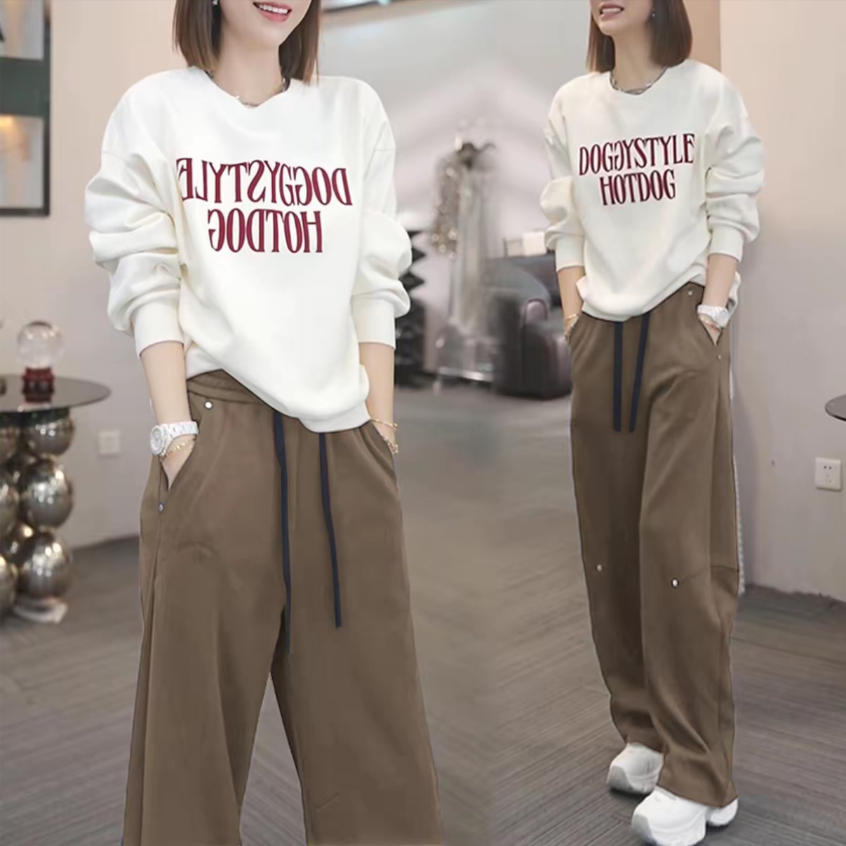 【單件/套裝】減齡字母印花長袖+闊腿褲兩件套