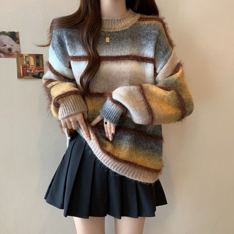 美拉德漸變條紋毛衣顯瘦軟糯針織衫