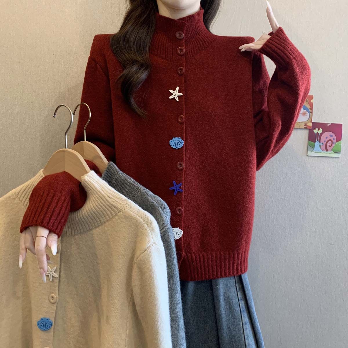 慵懶休閒高領大碼顯瘦減齡海星扣針織開衫