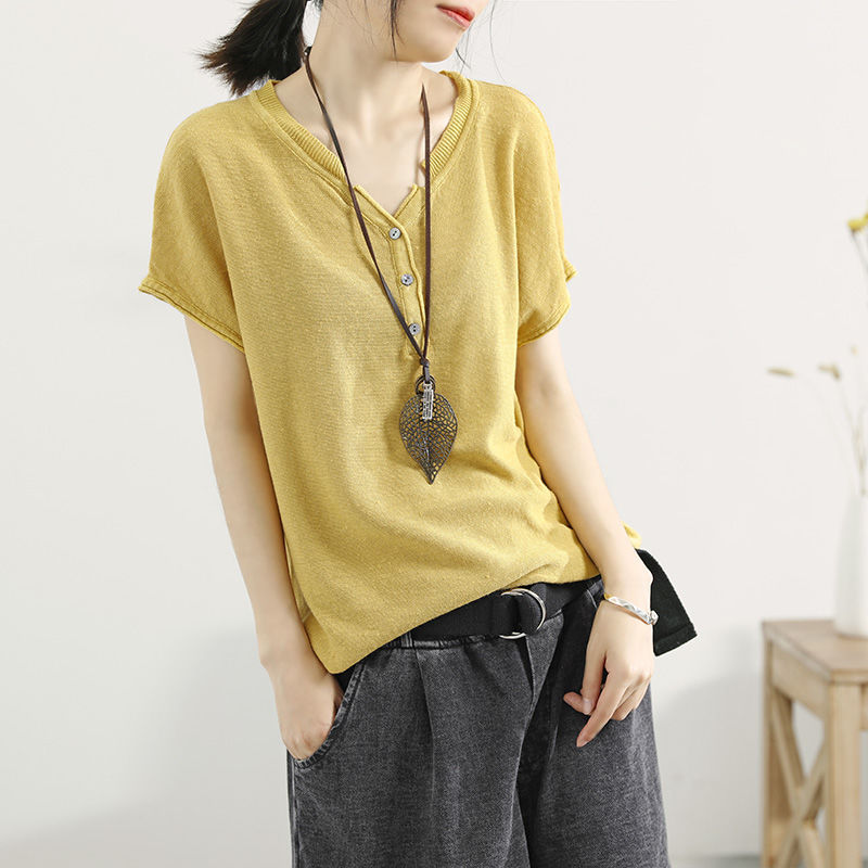 冰絲針織V領韓版套頭薄款打底寬鬆短袖