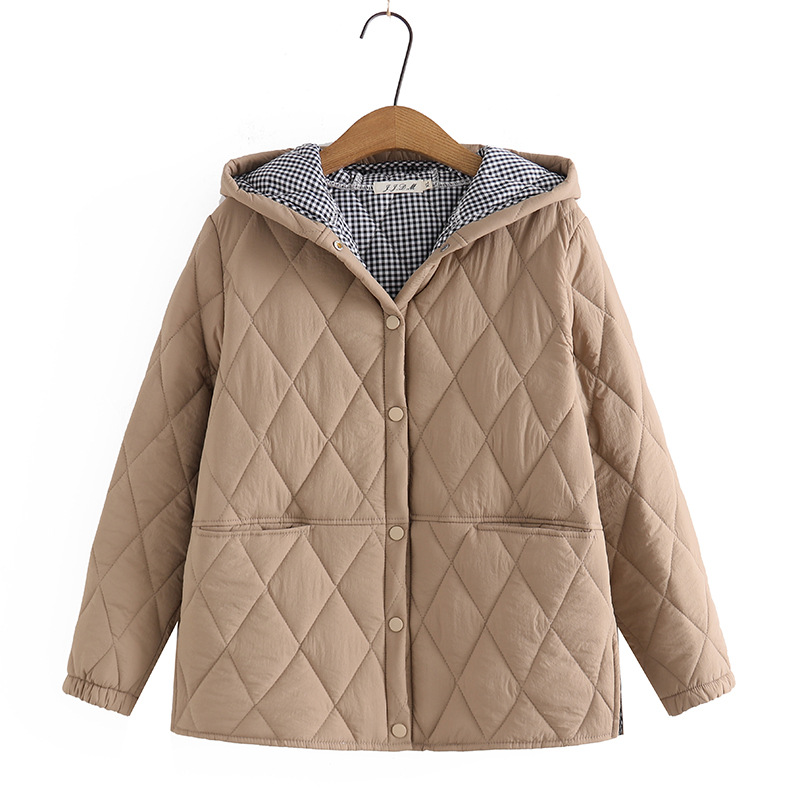 大碼羽絨棉連帽寬鬆輕薄格子拼接外套開衫-HaloBless