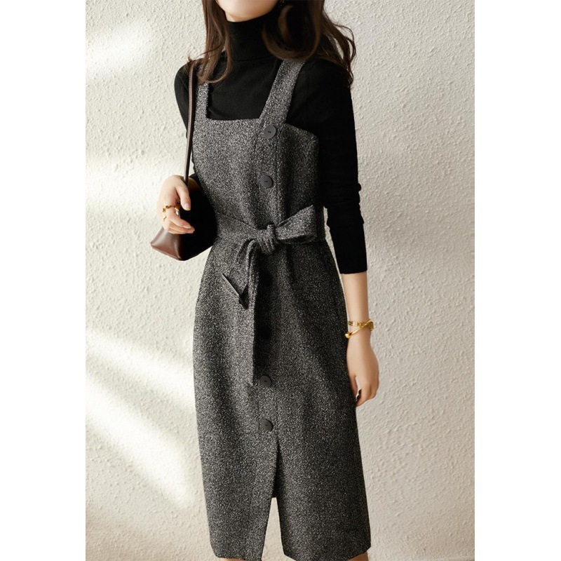 日系寬鬆顯瘦洋氣復古色織斜紋氣質百搭毛呢背心連身裙-HaloBless