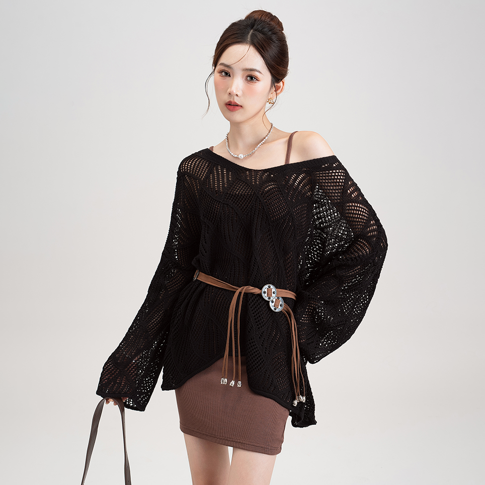 鏤空設計感純色菱形格慵懶風長袖針織罩衫-HaloBless