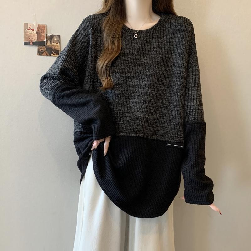 2色設計感拼接寬鬆慵懶撞色長袖T恤-HaloBless