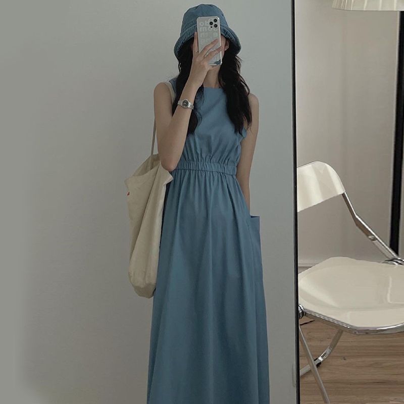 簡約小眾圓領褶皺高腰顯瘦雙口袋無袖背心連身裙