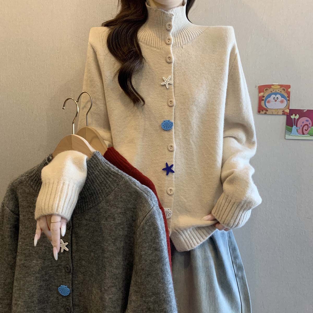 慵懶休閒高領大碼顯瘦減齡海星扣針織開衫