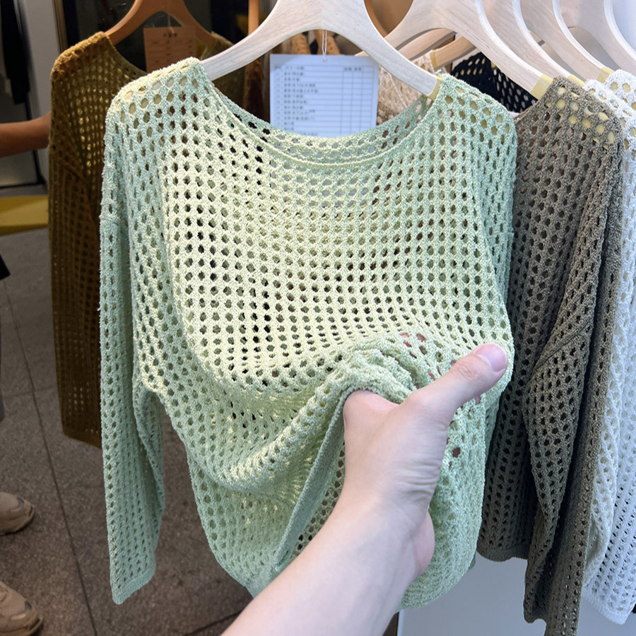 鏤空針織網衫薄款防曬罩衫長袖-HaloBless