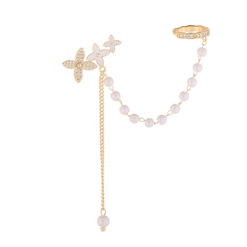 法式小眾設計感花朵蝴蝶耳掛珍珠耳夾一體式耳釘