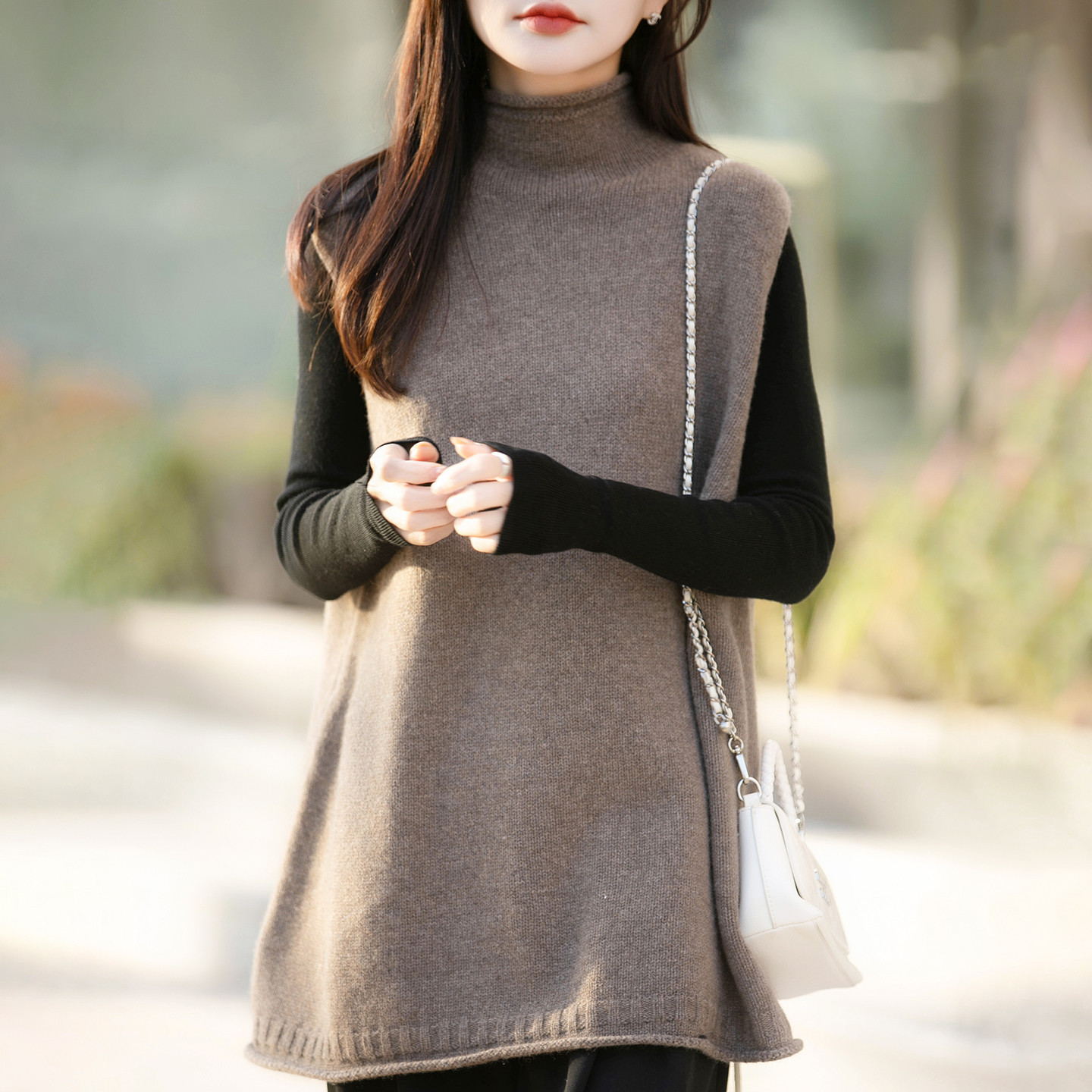 半高領中長版寬鬆背心坎肩羊毛針織馬甲