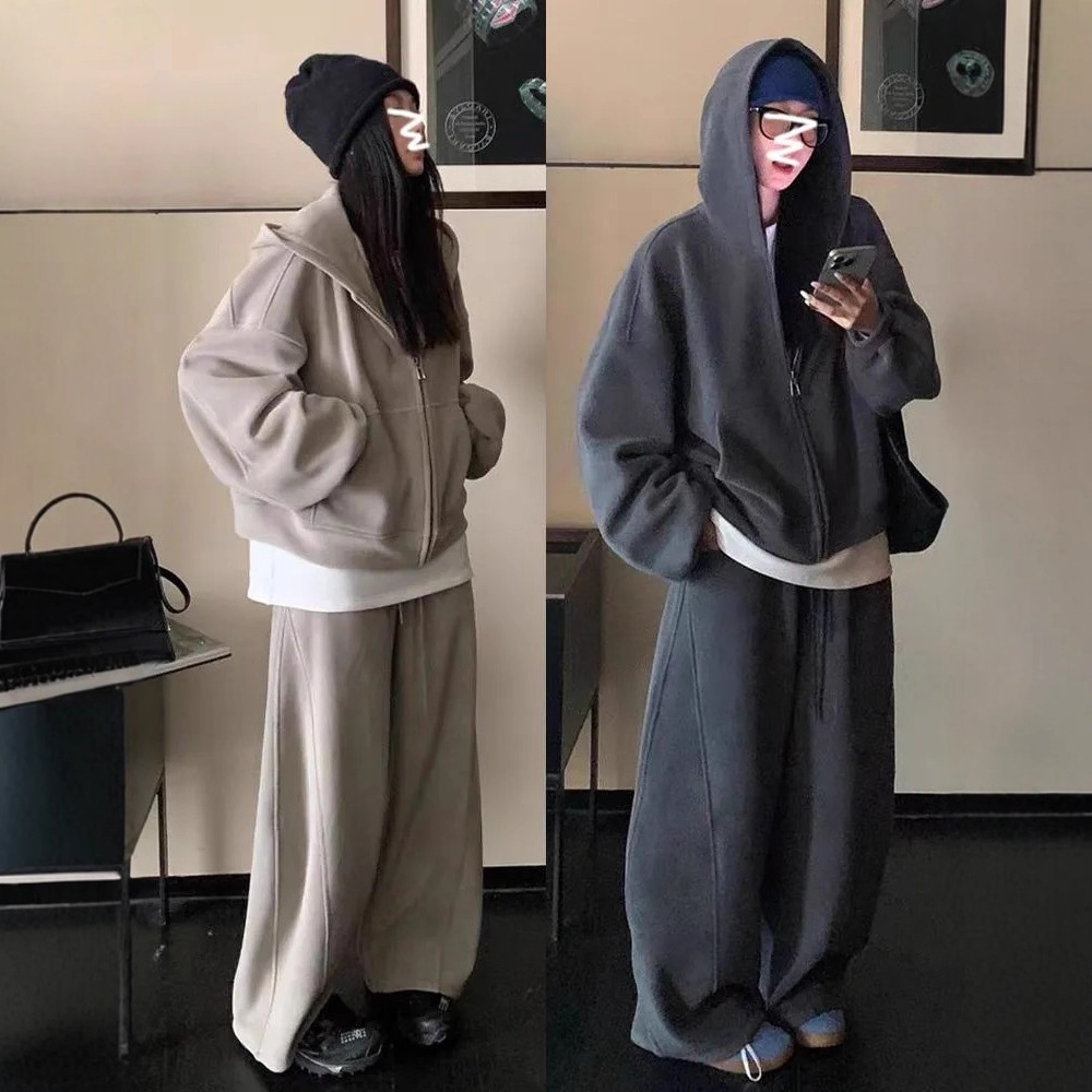 【整套】洋氣時髦大碼顯瘦連帽T+運動休閒闊腿褲兩件套