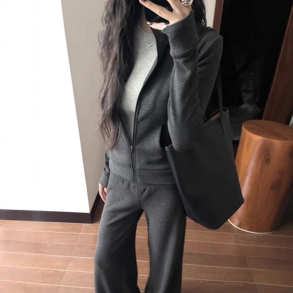 【單件/套裝】韓系氣質修身顯瘦半高領開衫+運動休閒長褲兩件套裝-HaloBless