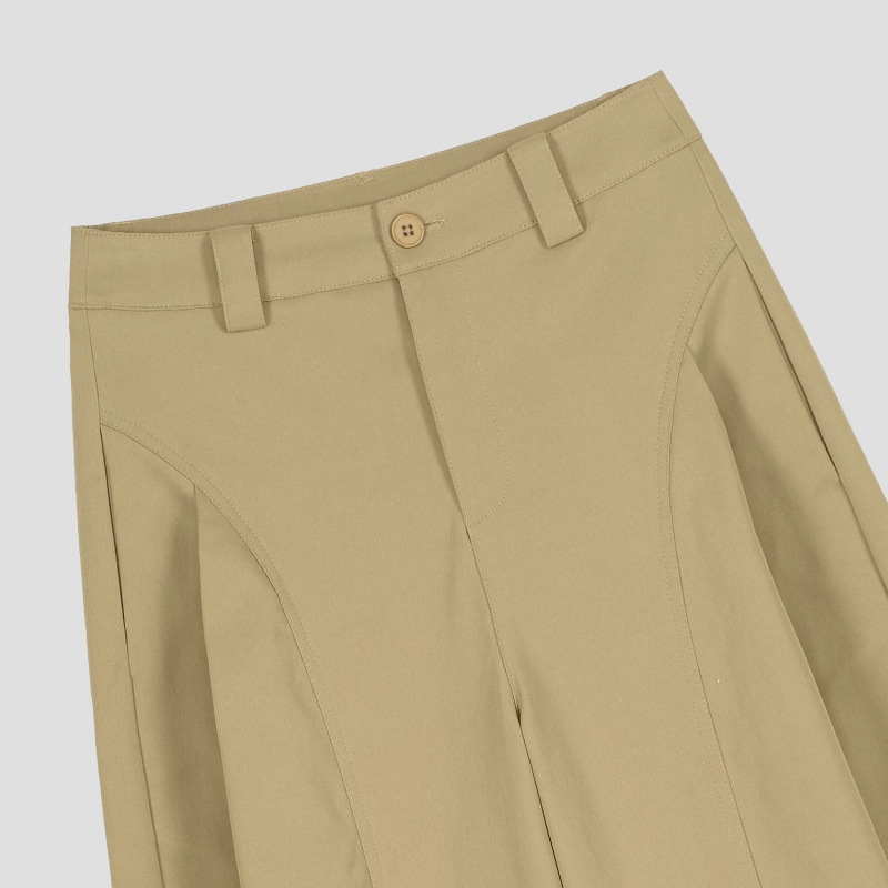 高腰顯瘦時尚寬鬆潮流側壓褶卡其色闊腿褲