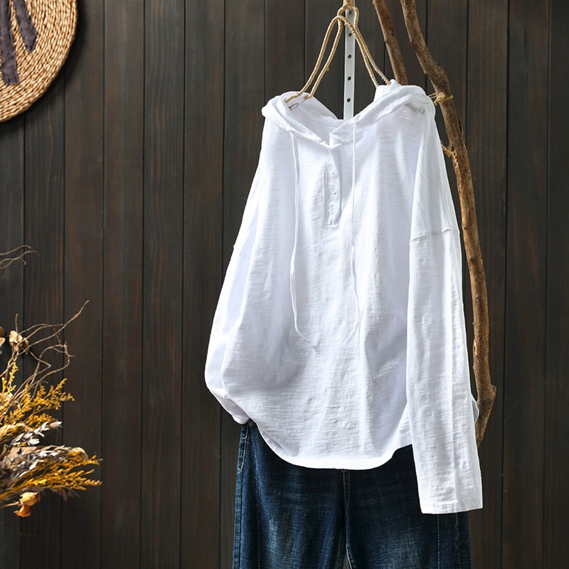 竹節棉連帽寬鬆休閑遮肉套頭長袖T恤-HaloBless