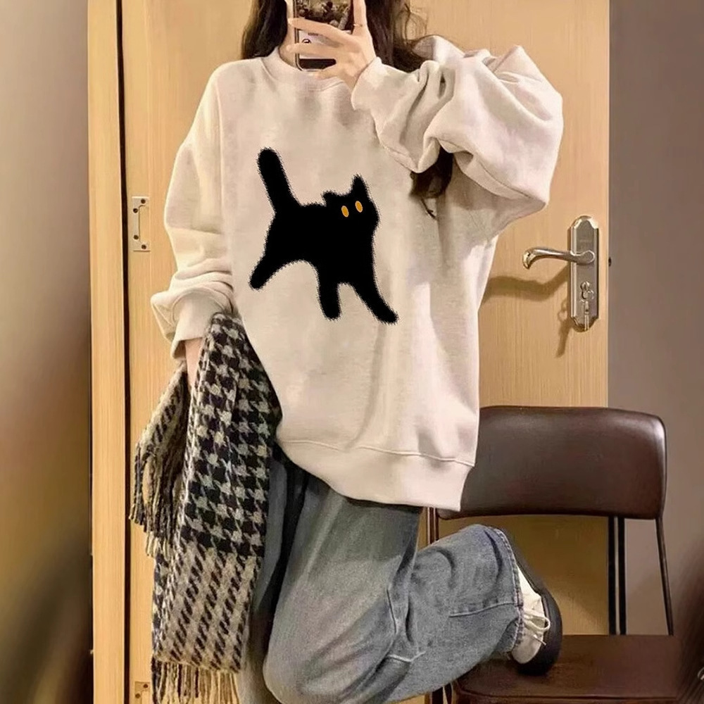 韓系卡通貓咪印花休閒圓領長袖T恤