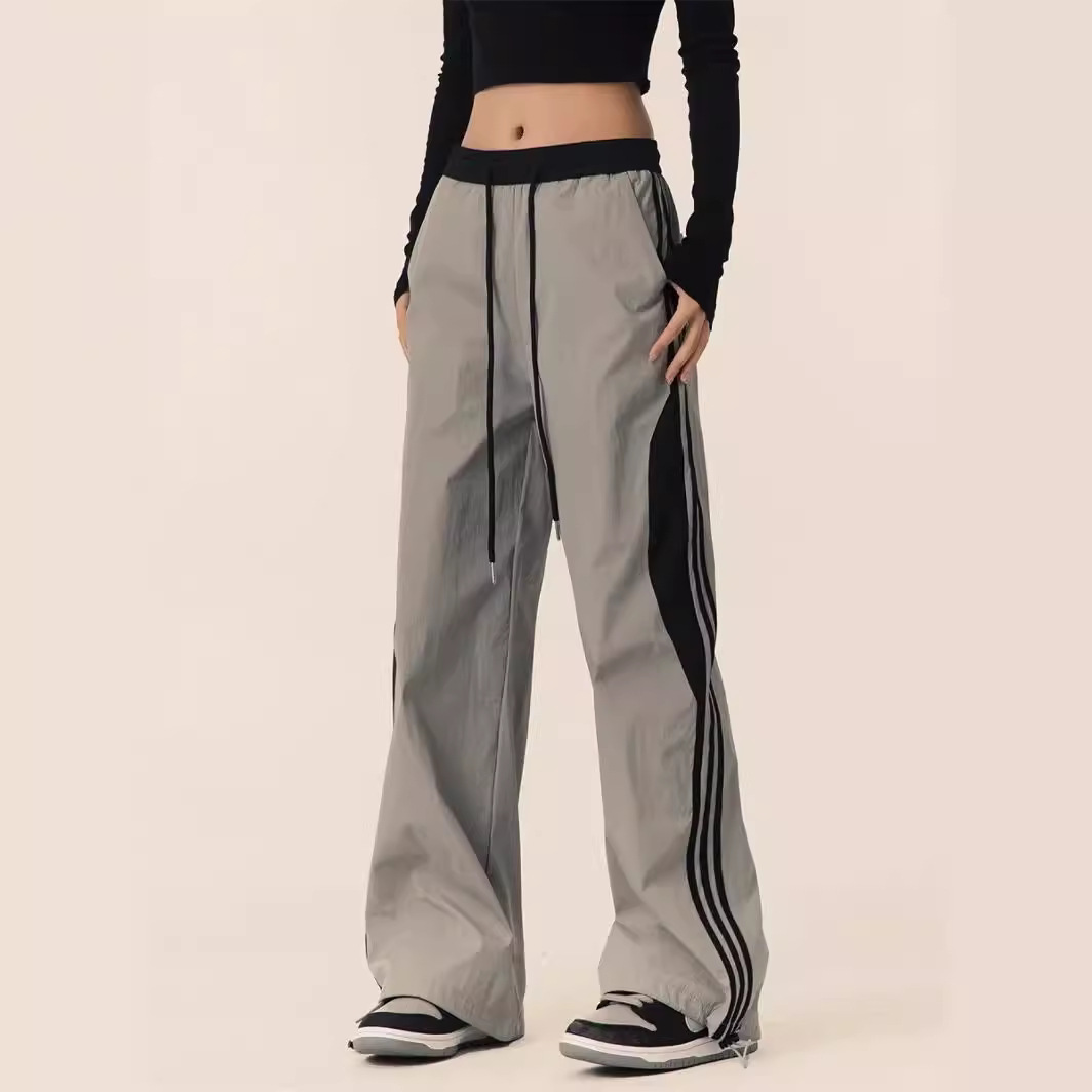 美式三條杠直筒闊腿垂感工裝運動風褲裝-HaloBless