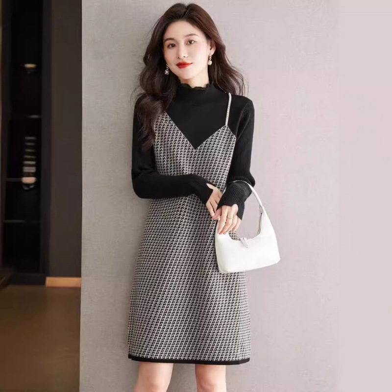 千鳥格內搭針織中長打底裙法式洋裝