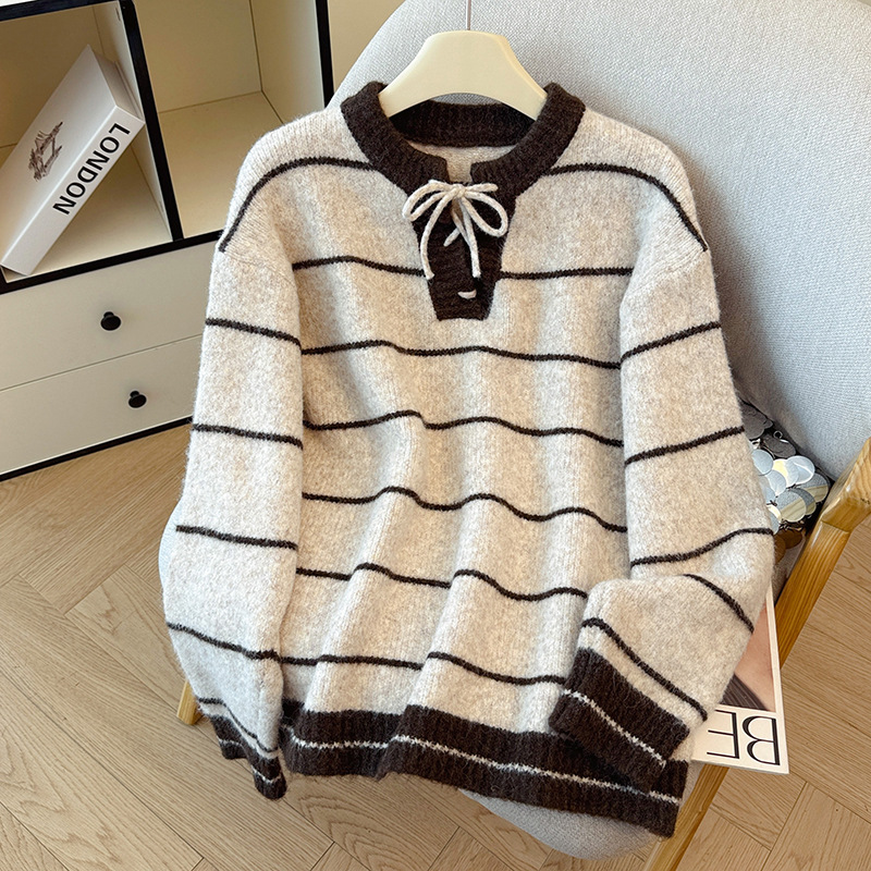 條紋套頭系帶開領高級感撞色針織衫