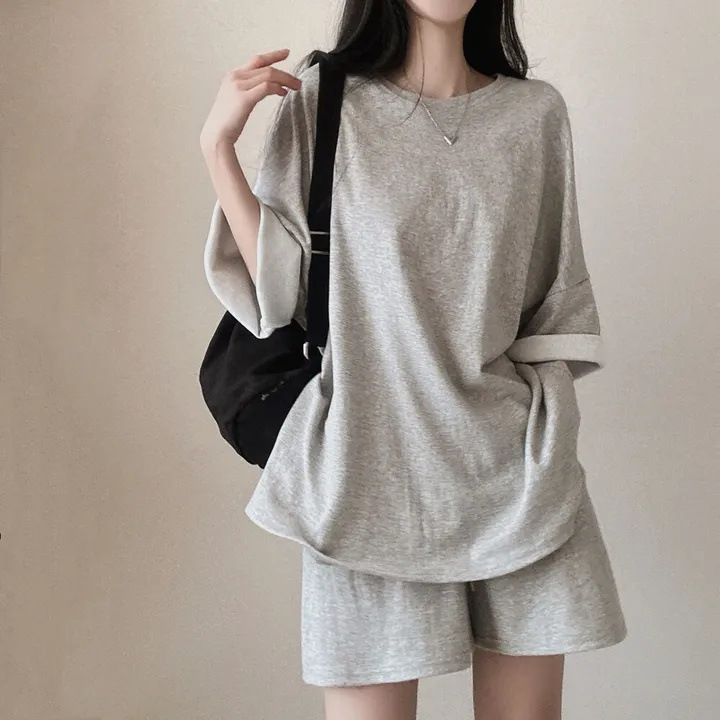 純棉韓版短袖T恤休閒短褲素色兩件套裝-HaloBless