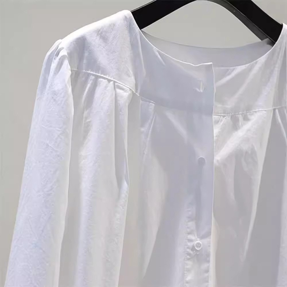 文藝范寬鬆圓領設計感燈籠袖褶皺襯衫-HaloBless