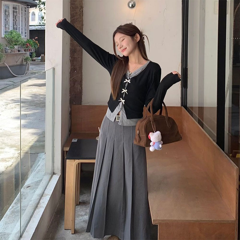 【單件/整套】撞色假兩件V領開衫百褶半身裙兩件套裝-HaloBless