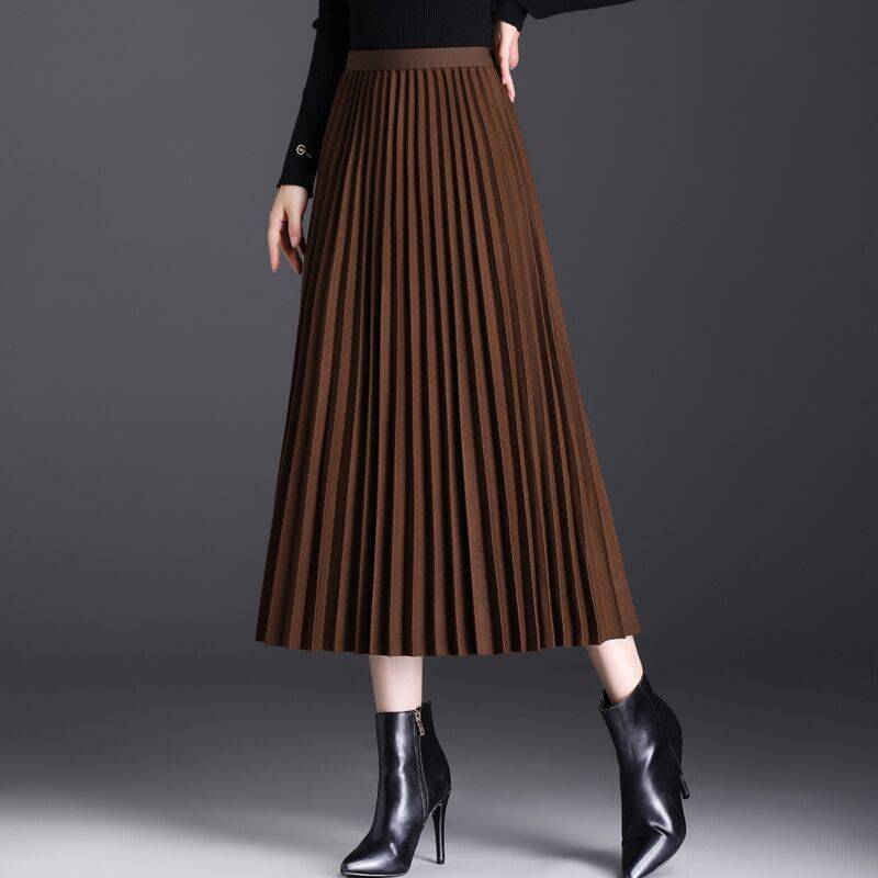 毛呢百褶高腰A字裙中長垂感大擺裙半身裙-HaloBless