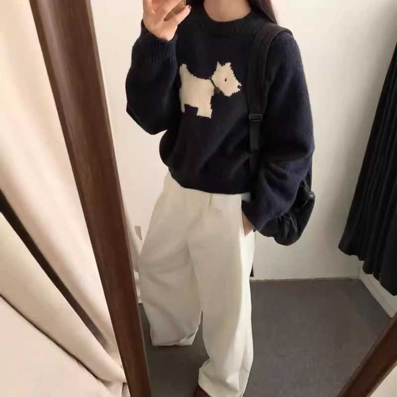 韓系寬鬆短版軟糯圓領狗狗提花針織毛衣