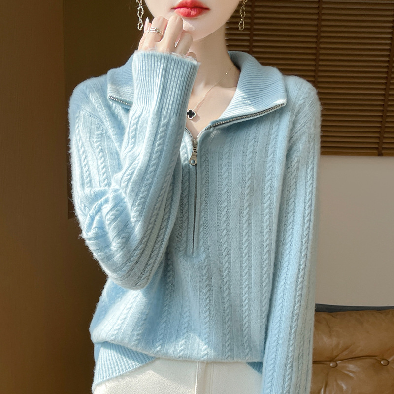百搭顯瘦半拉鍊素色麻花針織毛衣