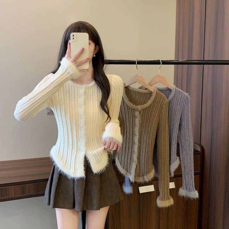 3色美拉德復古拼接毛邊修身顯瘦針織上衣