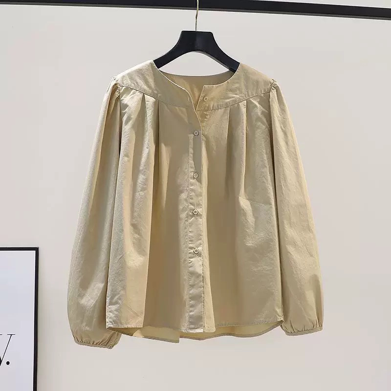 文藝范寬鬆圓領設計感燈籠袖褶皺襯衫-HaloBless