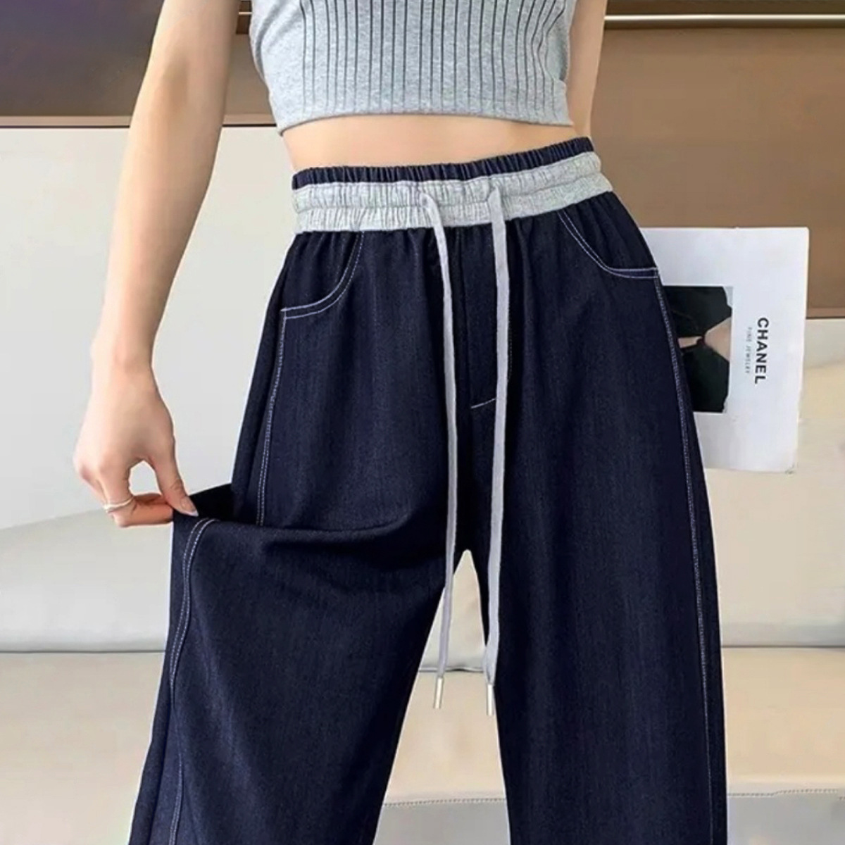 高腰寬鬆顯瘦垂感休閒拼接牛仔拖地闊腿褲-HaloBless