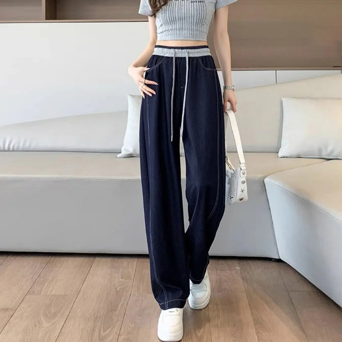 高腰寬鬆顯瘦垂感休閒拼接牛仔拖地闊腿褲-HaloBless