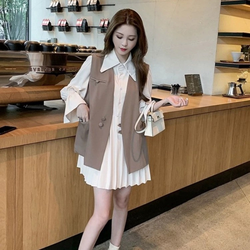 【單件/套裝】寬鬆馬甲+顯瘦洋氣襯衫百褶洋裝套裝-HaloBless