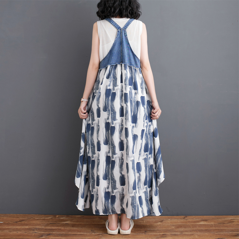 韓版時尚設計感牛仔拼接雪紡背帶連身裙