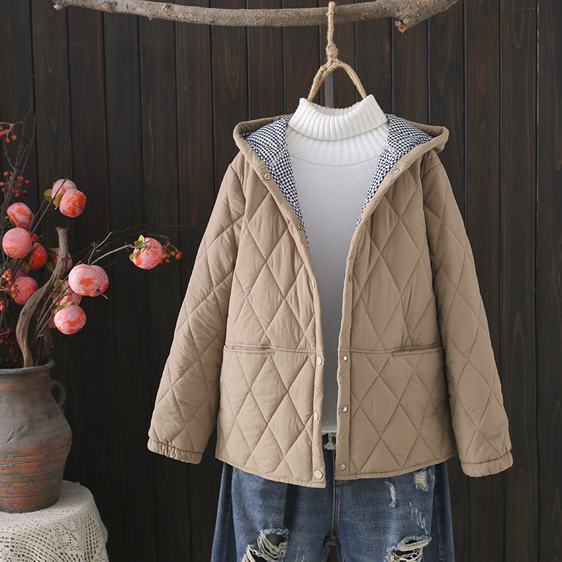 大碼羽絨棉連帽寬鬆輕薄格子拼接外套開衫-HaloBless