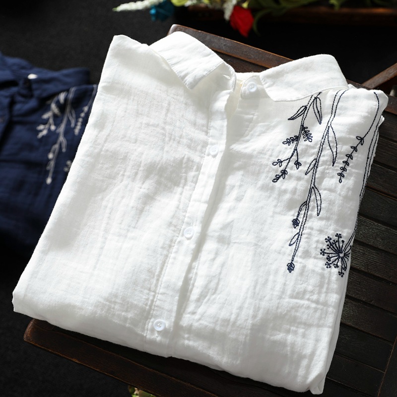 百搭潮流文藝復古刺繡翻領棉麻長袖襯衫-HaloBless