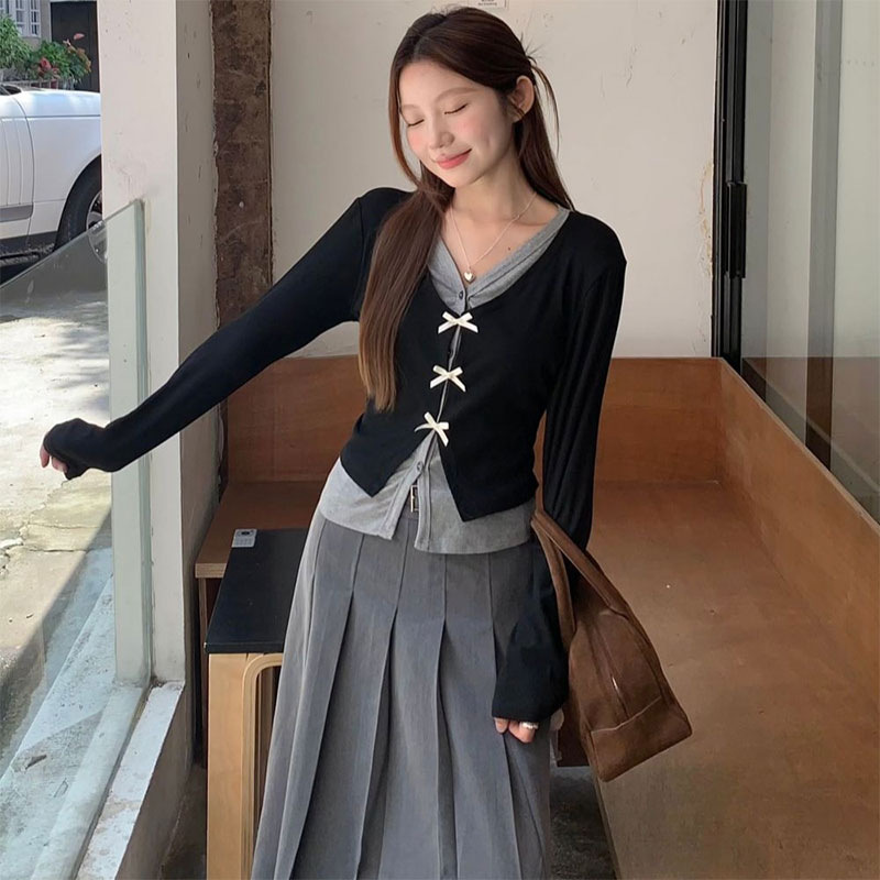 【單件/整套】撞色假兩件V領開衫百褶半身裙兩件套裝-HaloBless