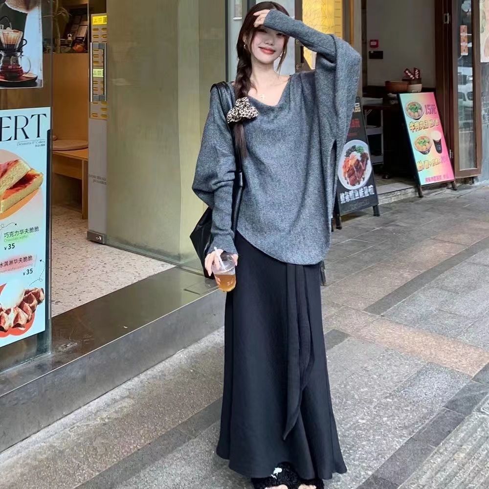 【單件/套裝】不規則慵懶風寬鬆針織毛衣+魚尾裙半身裙兩件套