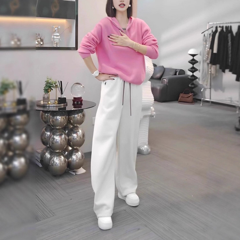 【整套】韓版寬鬆顯瘦粉色連帽長袖+休閒運動風簡約長褲兩件套