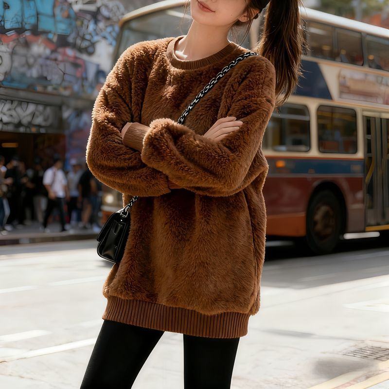 韓版寬鬆百搭刷毛加厚圓領珊瑚絨長袖