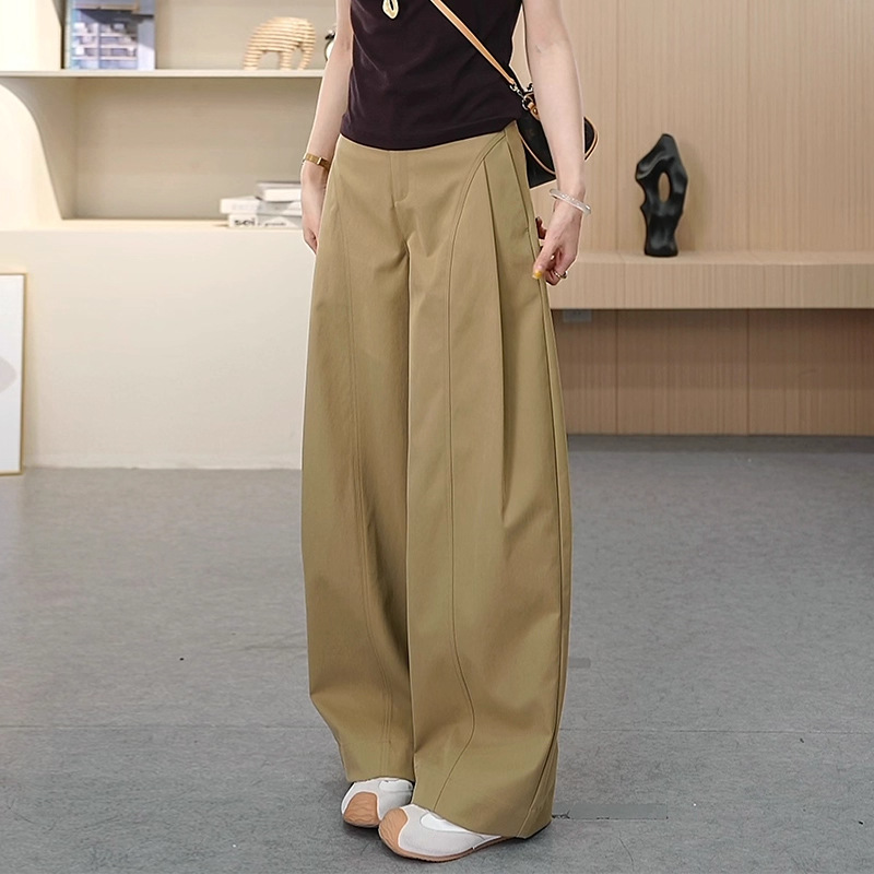 高腰顯瘦時尚寬鬆潮流側壓褶卡其色闊腿褲